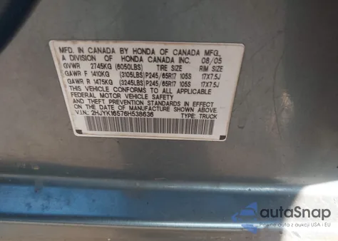 2006 Honda Ridgeline Rtl из США, поврежденный, VIN 2HJYK16576H538636